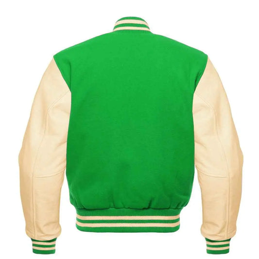 Premium Varsity Lettermen Baseball Jacket Kelly Green Wool Body & Cream Leather Sleeves