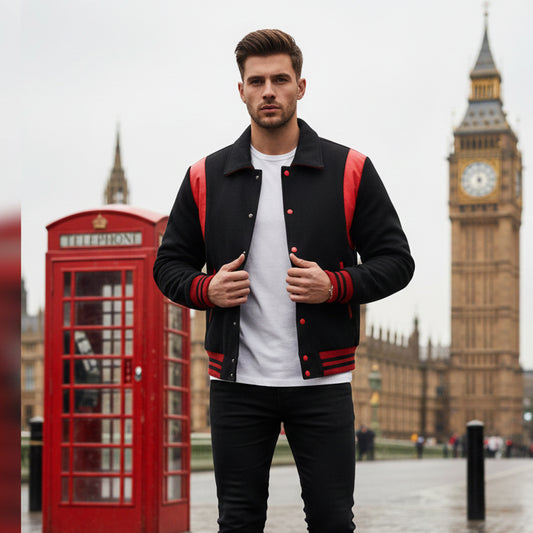 Classic Varsity Letterman Baseball College Black Wool With Red Single Leather Strip Jacket