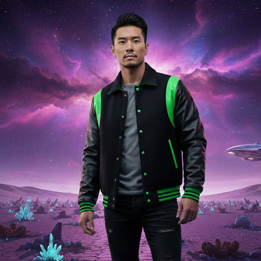 Classic Varsity Letterman Baseball College Black Wool With Green Single Leather Strip Jacket