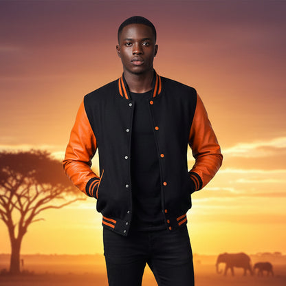 Premium Varsity Lettermen Baseball Jacket Black Wool Body & Orange Leather Sleeves