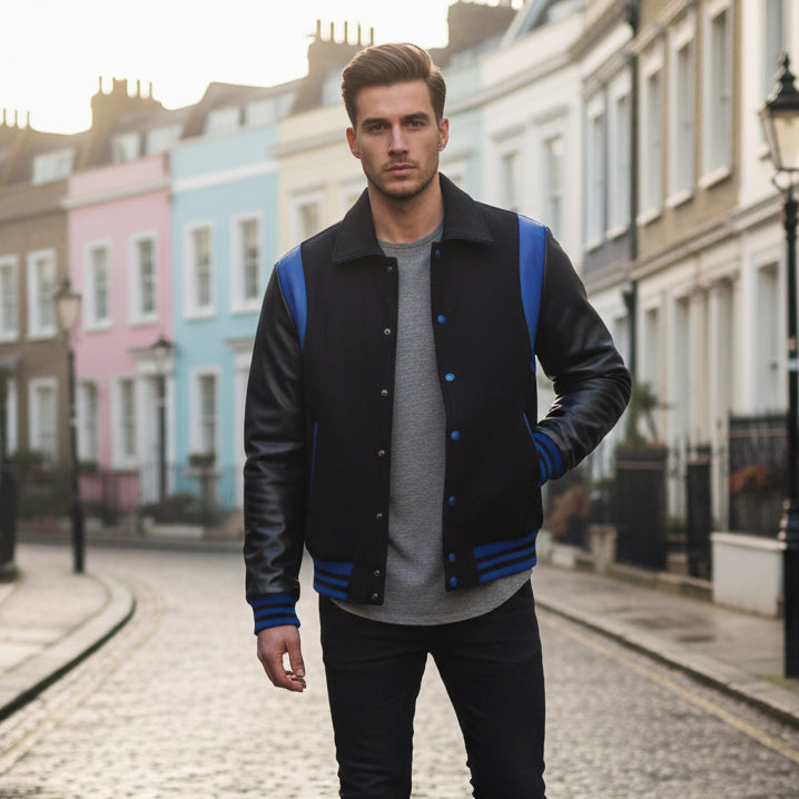 Classic Varsity Letterman Baseball College Black Wool With Blue Single Leather Strip Jacket