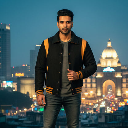 Classic Varsity Letterman Baseball College Black Wool With Gold Single Leather Strip Jacket