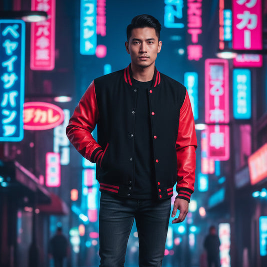 Premium Varsity Lettermen Baseball Jacket Black Wool Body & Red Leather Sleeves