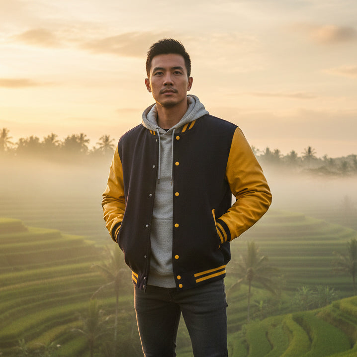 Premium Varsity Lettermen Baseball Jacket Black Wool Body & Gold Leather Sleeves