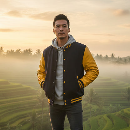 Premium Varsity Lettermen Baseball Jacket Black Wool Body & Gold Leather Sleeves