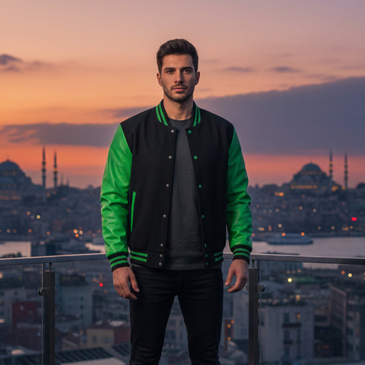 Premium Varsity Lettermen Baseball Jacket Black Wool Body & Green Leather Sleeves