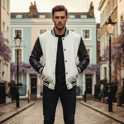 Premium Varsity Lettermen Baseball Jacket White Wool Body & Black Leather Sleeves