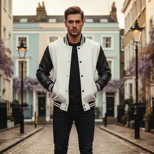 Premium Varsity Lettermen Baseball Jacket White Wool Body & Black Leather Sleeves