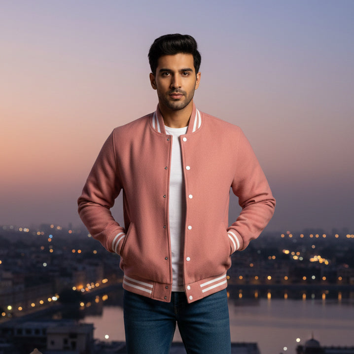 Classic Varsity Lettermen Baseball Jacket Wool Pink