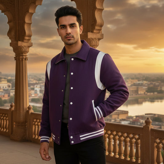 Classic Varsity Letterman Baseball College Purple Wool With White Single Leather Strip Jacket