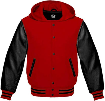 Lettermen Hoodies Red Wool & Red Leather Sleeve with Black/Red Trim