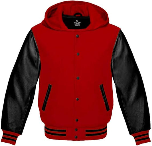 Lettermen Hoodies Red Wool & Red Leather Sleeve with Black/Red Trim