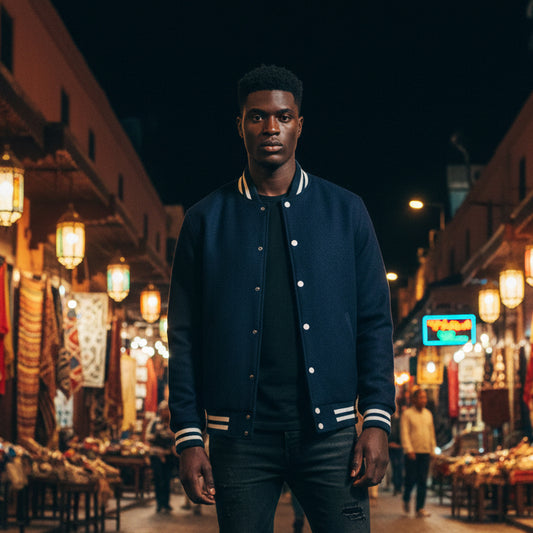 Man in a dark blue jacket standing in a lively street market at night.