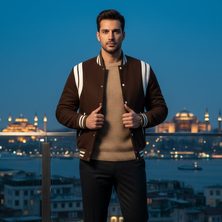 Classic Varsity Letterman Teddy Baseball College Brown Wool With White Double Leather Strip Jacket