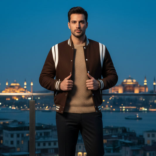 Classic Varsity Letterman Teddy Baseball College Brown Wool With White Double Leather Strip Jacket