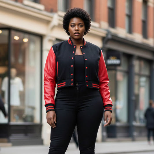 Stylish Vintage Women’s Varsity Letterman Baseball Jacket Black Wool & Red Leather Sleeve