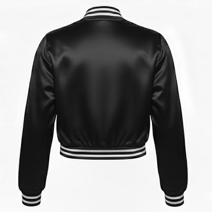 Black satin bomber jacket with striped cuffs and hem on a white background