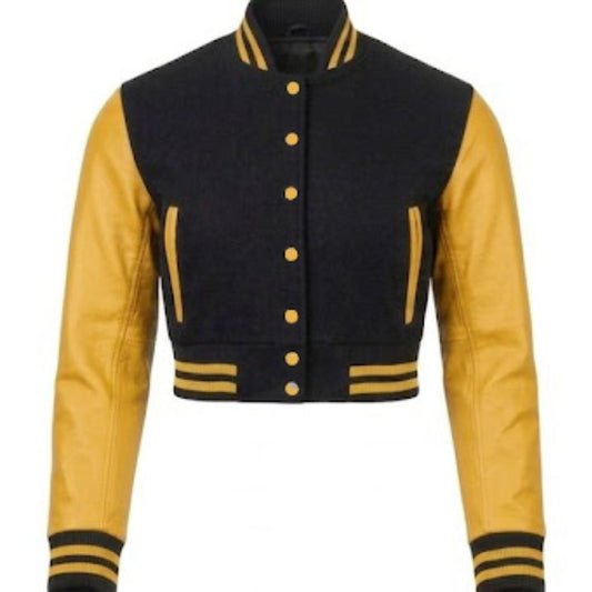 Black and yellow varsity jacket on a white background