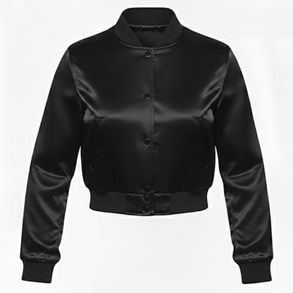 Stylish Vintage Women’s Varsity Letterman Baseball Satin Solid Black Croptop Jacket