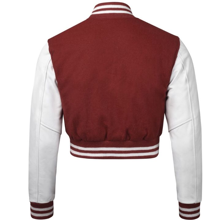 Stylish Vintage Women’s Varsity Letterman Baseball Jacket Maroon Wool & White Leather Sleeve