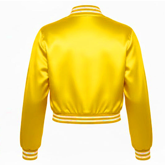 Stylish Vintage Women’s Varsity Letterman Baseball Satin Yellow Croptop Jacket