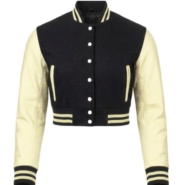 Stylish Vintage Women’s Varsity Letterman Baseball Jacket Black Wool & Cream Leather Sleeve