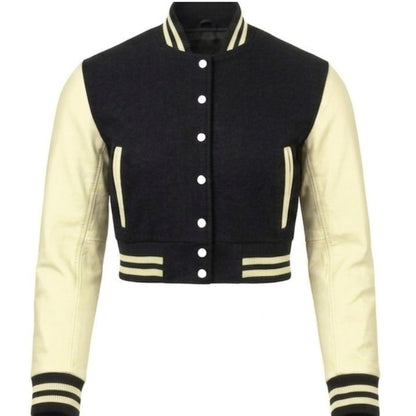 Stylish Vintage Women’s Varsity Letterman Baseball Jacket Black Wool & Cream Leather Sleeve