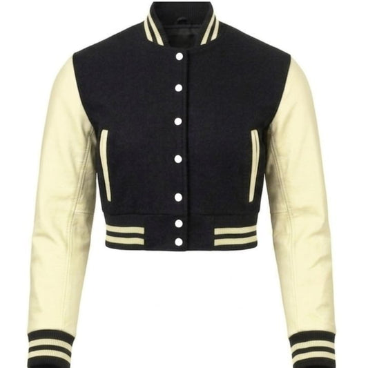 Stylish Vintage Women’s Varsity Letterman Baseball Jacket Black Wool & Cream Leather Sleeve