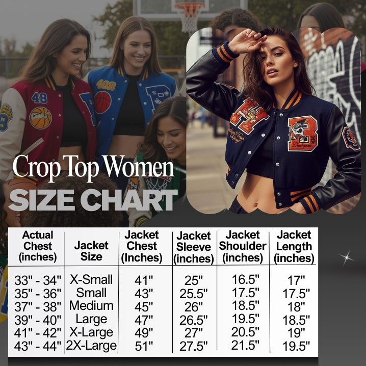 Size chart for women's letterman jackets with a blurred background of people wearing similar jackets.