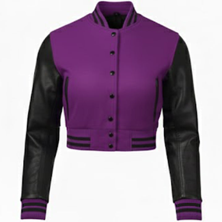 Purple varsity jacket with black leather sleeves 