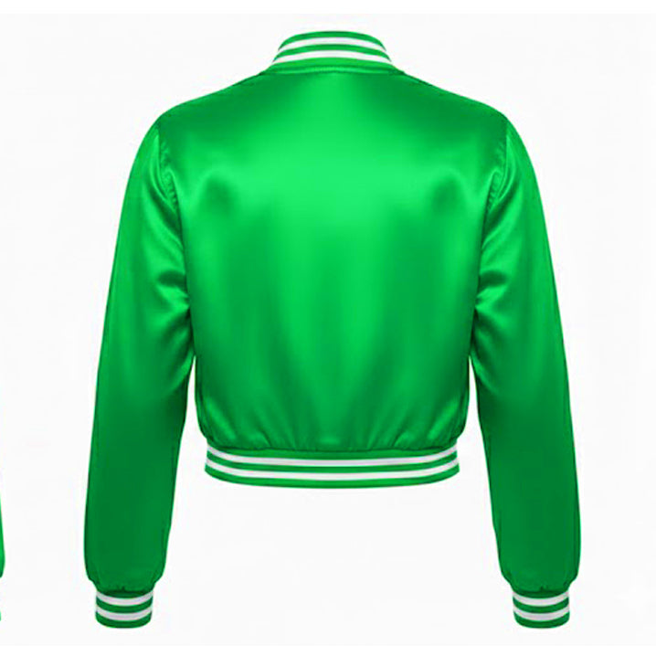 Green satin jacket with white trim on a white background