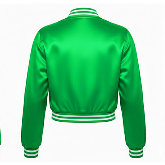 Green satin jacket with white trim on a white background