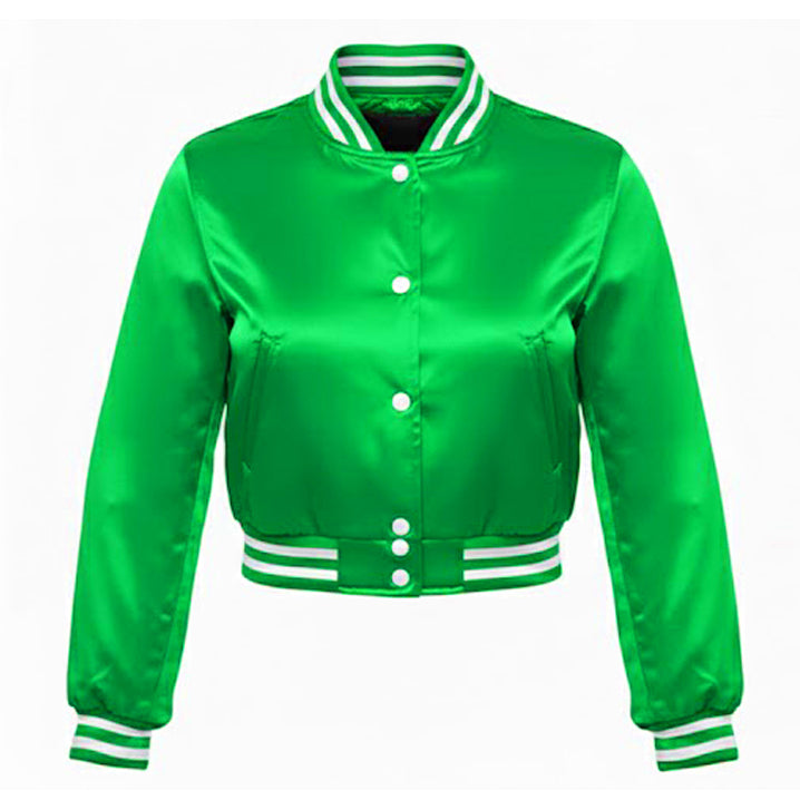 Green satin jacket with white buttons and trim on a white background