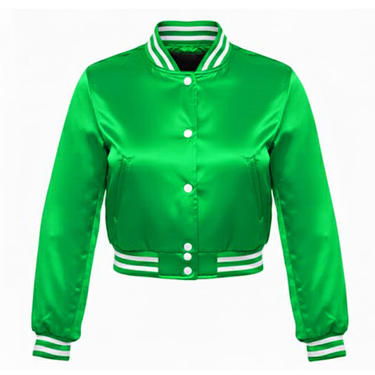 Green satin jacket with white buttons and trim on a white background