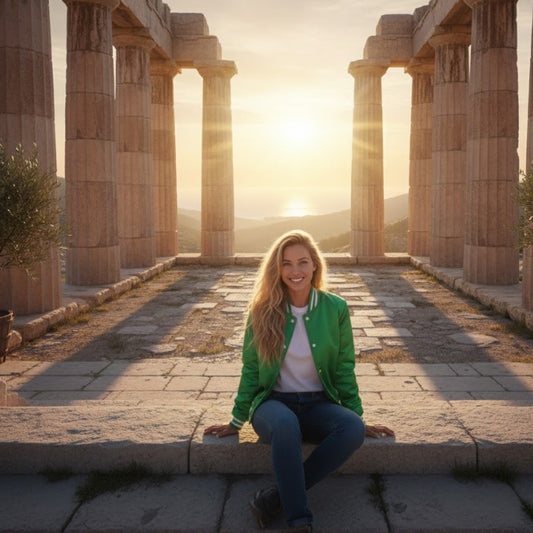 Woman in a green jacket sitting on ancient ruins with columns and a sunset in the background