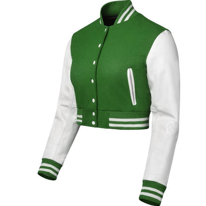 Stylish Vintage Women’s Varsity Letterman Baseball Jacket Green Wool & White Leather Sleeve