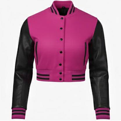 Stylish Vintage Women’s Varsity Letterman Baseball Jacket Hot Pink Wool & Black Leather Sleeve