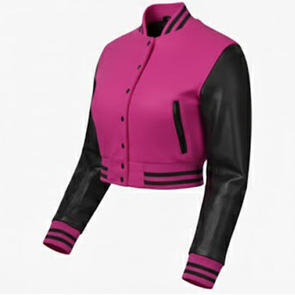 Stylish Vintage Women’s Varsity Letterman Baseball Jacket Hot Pink Wool & Black Leather Sleeve