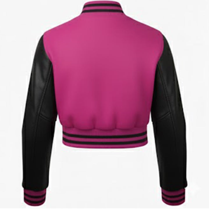 Stylish Vintage Women’s Varsity Letterman Baseball Jacket Hot Pink Wool & Black Leather Sleeve