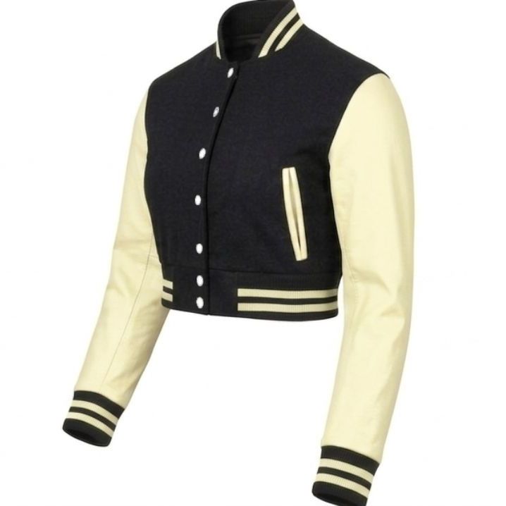 Stylish Vintage Women’s Varsity Letterman Baseball Jacket Black Wool & Cream Leather Sleeve