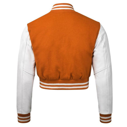 Orange and white varsity jacket on a white background