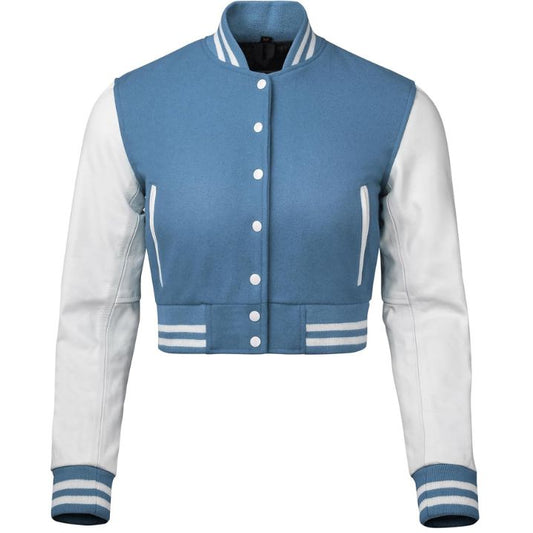 Stylish Vintage Women’s Varsity Letterman Baseball Jacket Sky Wool & White Leather Sleeve