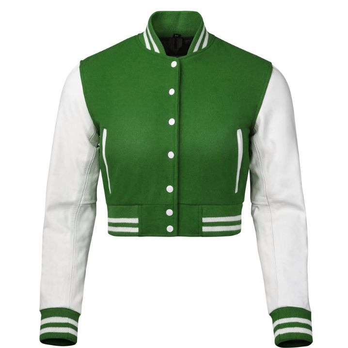 Stylish Vintage Women’s Varsity Letterman Baseball Jacket Green Wool & White Leather Sleeve