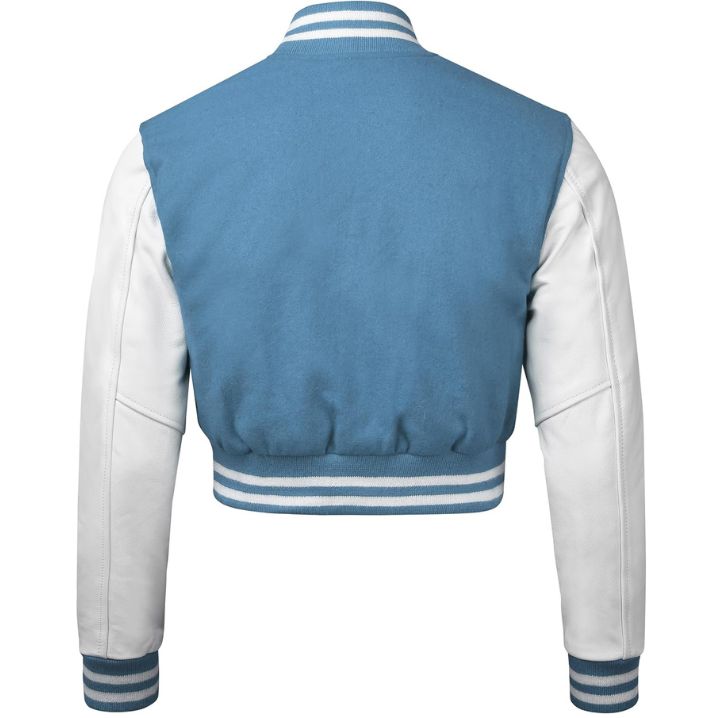 Stylish Vintage Women’s Varsity Letterman Baseball Jacket Sky Wool & White Leather Sleeve