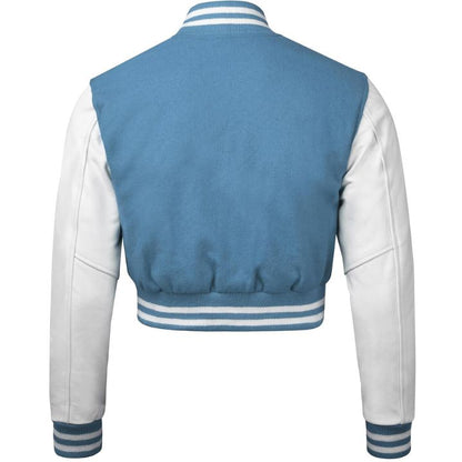 Stylish Vintage Women’s Varsity Letterman Baseball Jacket Sky Wool & White Leather Sleeve