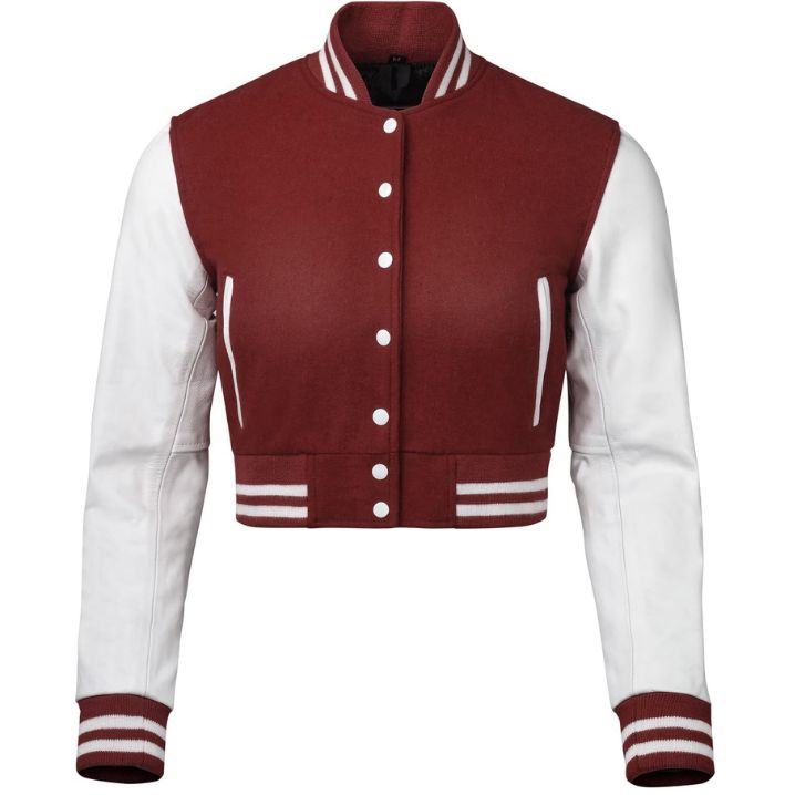 Stylish Vintage Women’s Varsity Letterman Baseball Jacket Maroon Wool & White Leather Sleeve