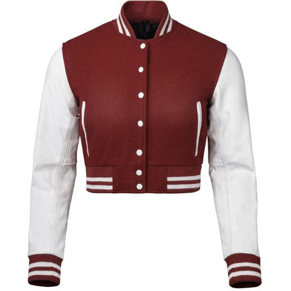 Stylish Vintage Women’s Varsity Letterman Baseball Jacket Maroon Wool & White Leather Sleeve