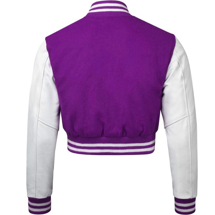 Stylish Vintage Women’s Varsity Letterman Baseball Jacket Puprle Wool & White Leather Sleeve