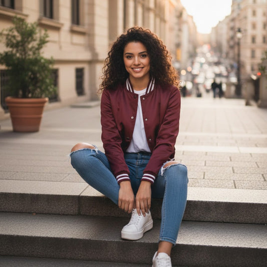 Woman sitting on steps in an urban setting wearing a maroon jacket and blue jeans.