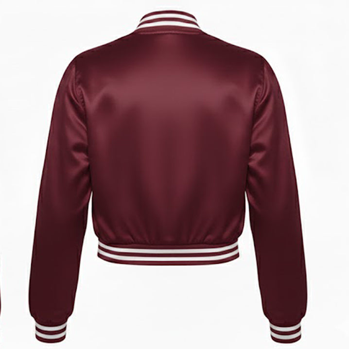 Maroon satin bomber jacket with white stripes on a white background